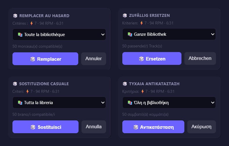 La fenêtre du dé 🎲 de RideComposer en français, en allemand, en italien et en grec