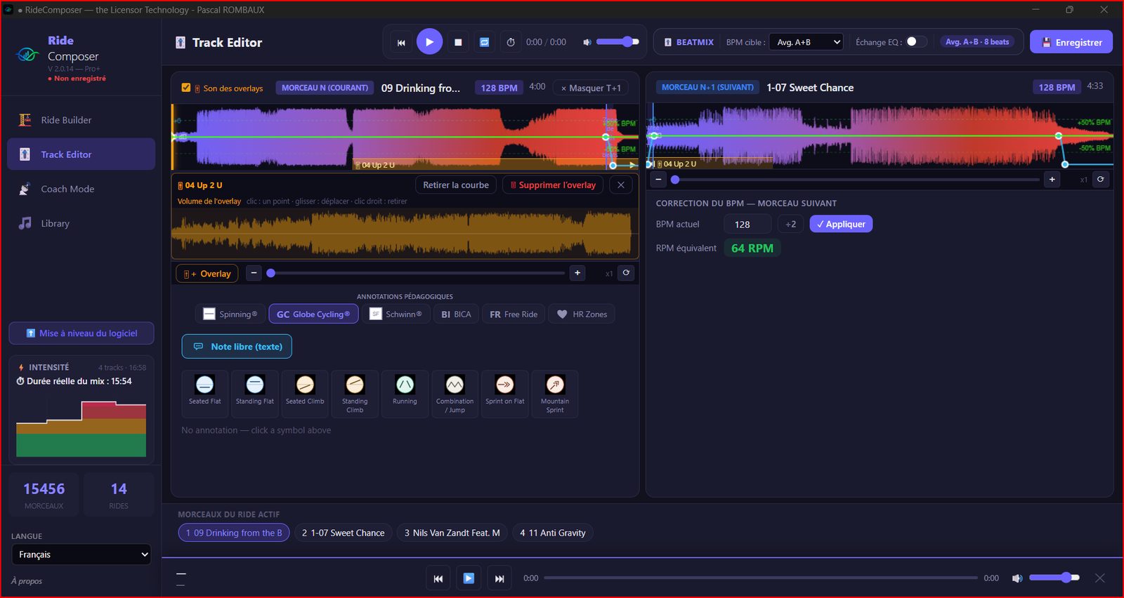 Il Track Editor di RideComposer: un overlay come banda arancione sotto la forma d'onda del brano corrente, con la sua banda del volume aperta sotto